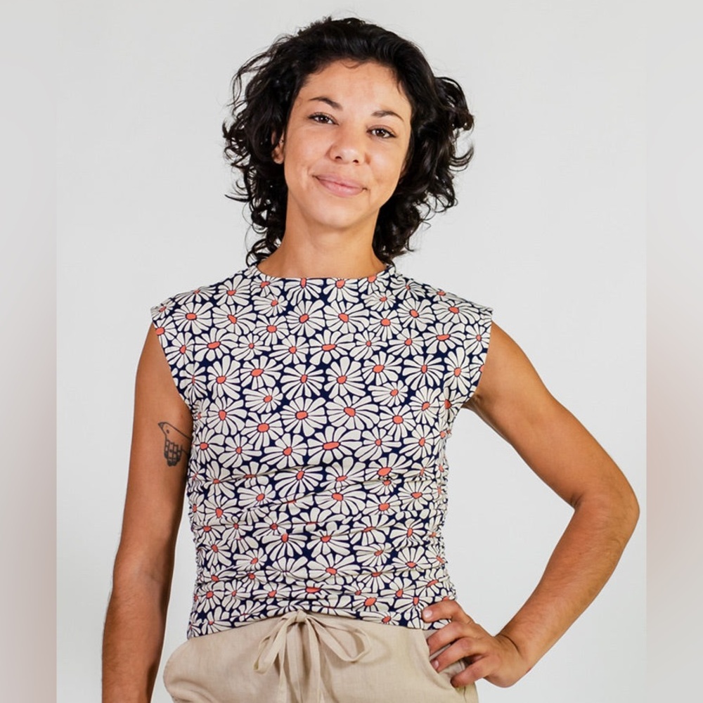 Mata Traders Ruched Top - Sleeveless with Flower Power Design